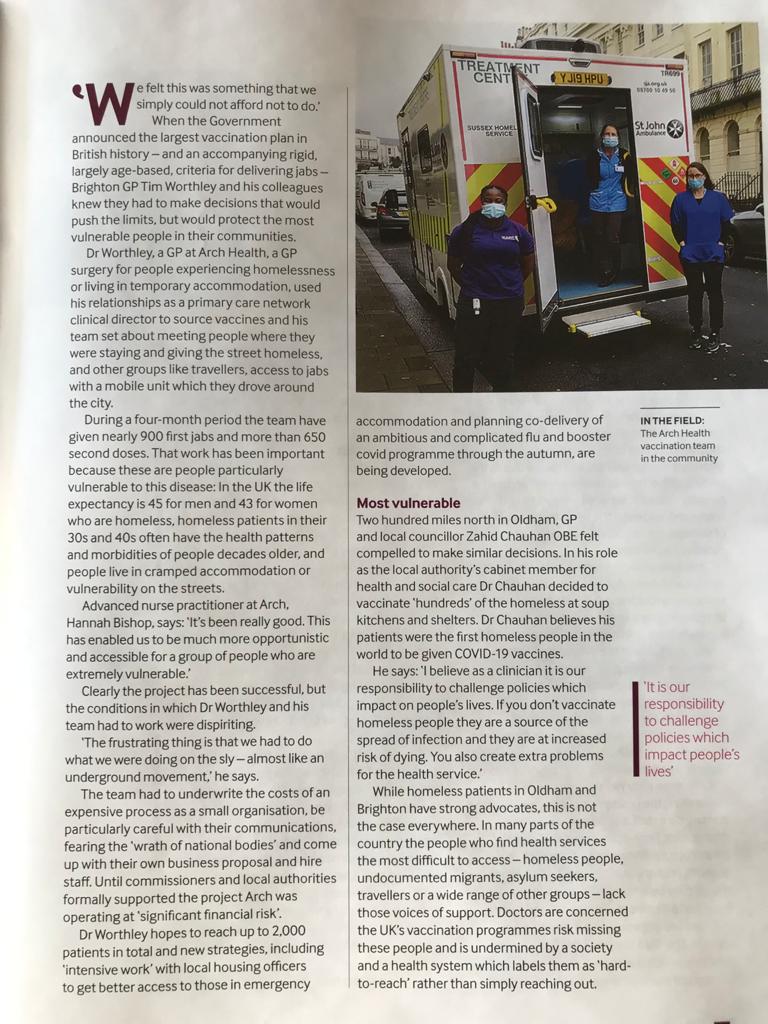 Doctor magazine article Aug 2021, with photo of covid vaccination team standing at the back of an ambulance, with surgical masks on