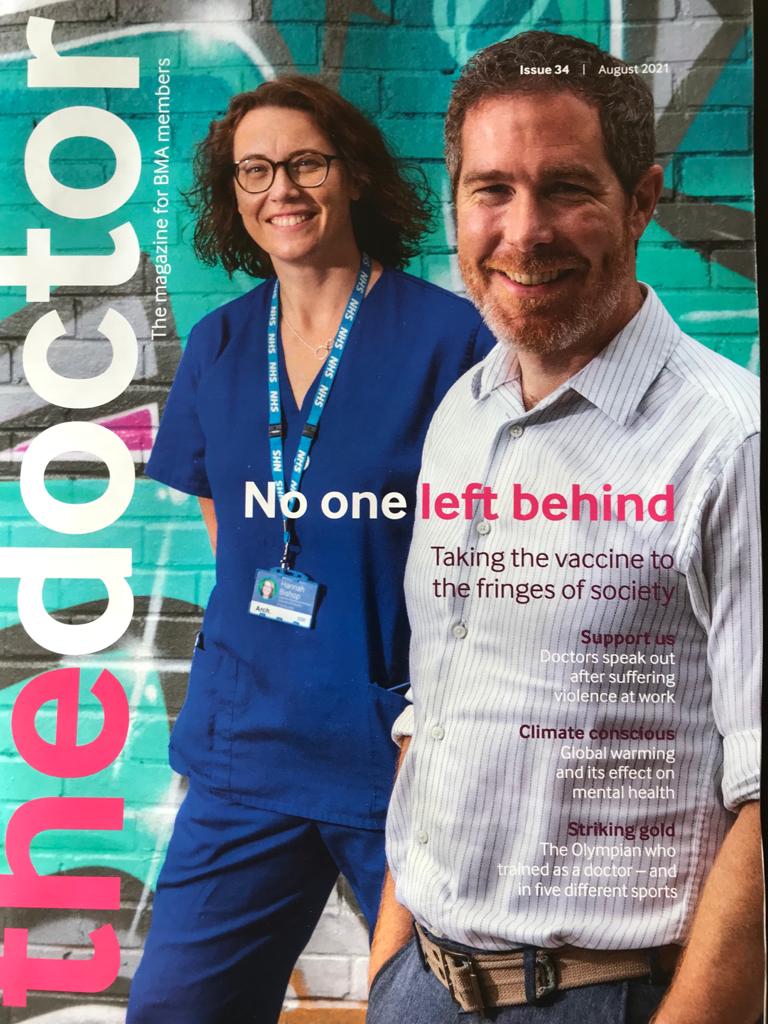 August 2021 front cover of the Doctor magazine, with an Arch Doctor and Nurse smiling at the camera.