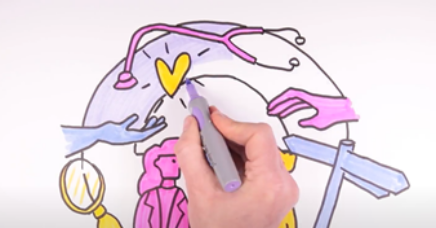 A still image from the Arch 5 year anniversary video, showing a hand drawing the stylised Arch logo