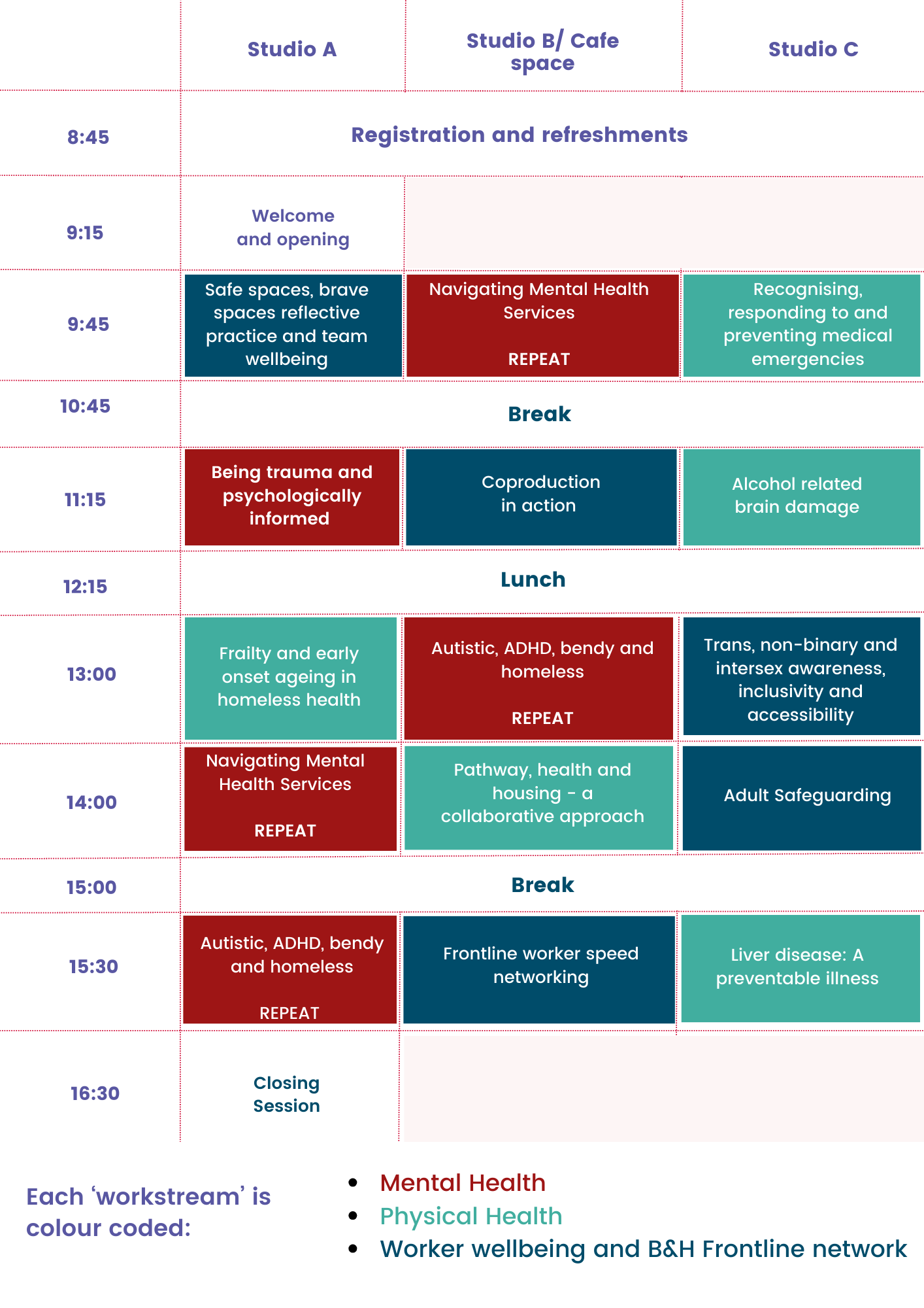 Homeless Health conference 2023 timetable. For a breakdown of the talks and access to slides where available, please go to this webpage: https://archhealthcare.uk/arch-news/conference-2023-thank-you/