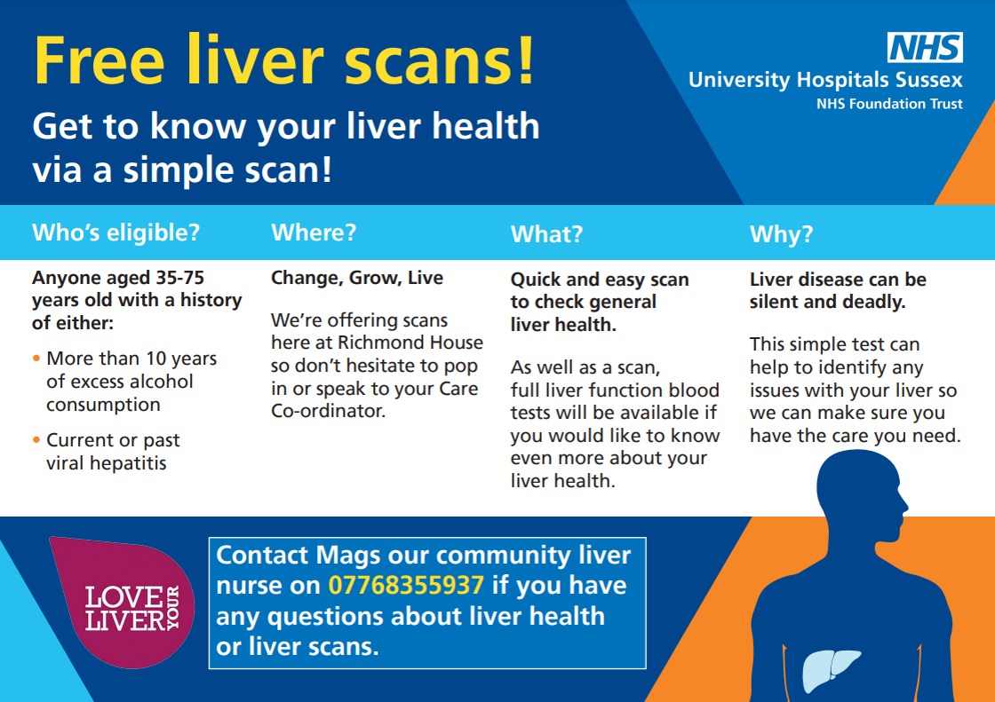 Poster about free liver scans in Brighton, to get to know your liver health. Contact Mag the community liver nurse on 07768355937 to arrange your free liver scan.
